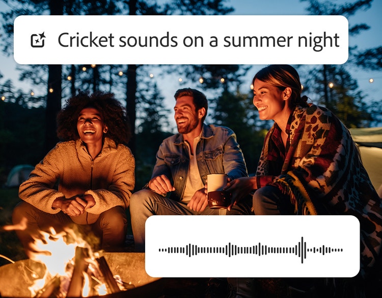 Three people sit smiling around a campfire with pine trees in the background, and the prompt “Cricket sounds on a summer night.”
