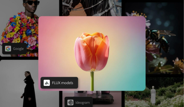 Close-up of a peach-colored tulip over a pink, yellow, and blue gradient background, created with FLUX.2 Pro in Firefly.