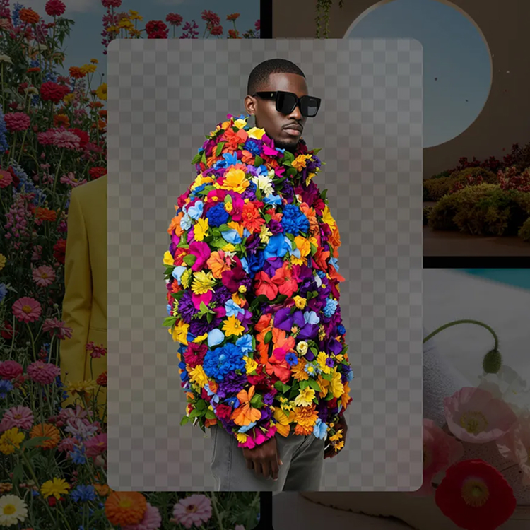 Person wearing sunglasses and a vibrant coat covered in multi-colored flowers with a transparency grid background.