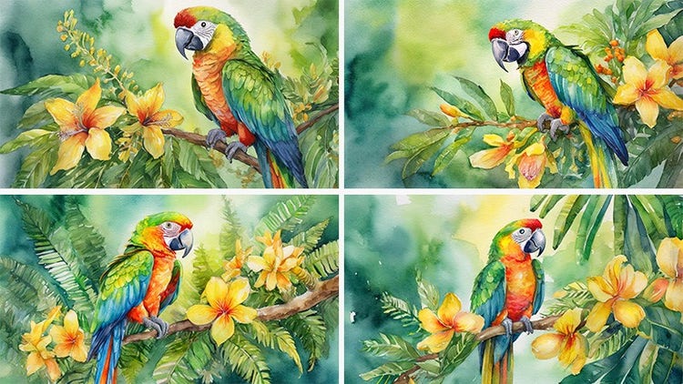 Prompt: makulay na tropikal na ibon na parrot na nakaupo sa sanga ng dilaw na exotic na bulaklak sa wildlife; berdeng watercolor na background
