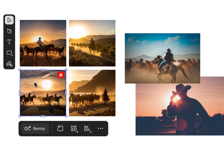 Mga halimbawa ng cinematic mood board para sa pre-production ng isang Western film na nagpapakita ng mga cowboy at baka.