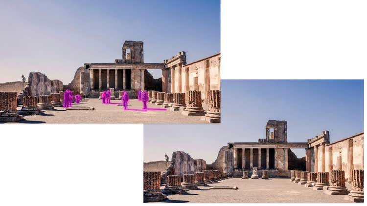 Bago ang at pagkatapos ng pag-aalis sa foreground ng mga naka-highlight na turista sa roman ruin.