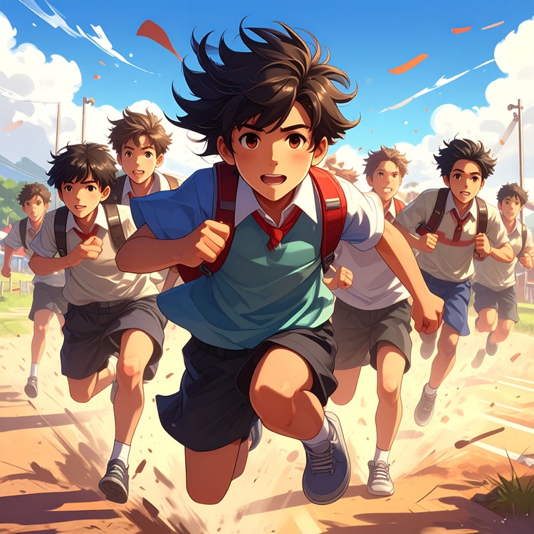 AI-generated na image ng grupo ng mga batang lalaking school-aged na tumatakbo nang magkakasama sa maalikabok na daan, na nakauniporme at may mga backpack, na may dynamic na galaw at matingkad na lighting sa umaga.