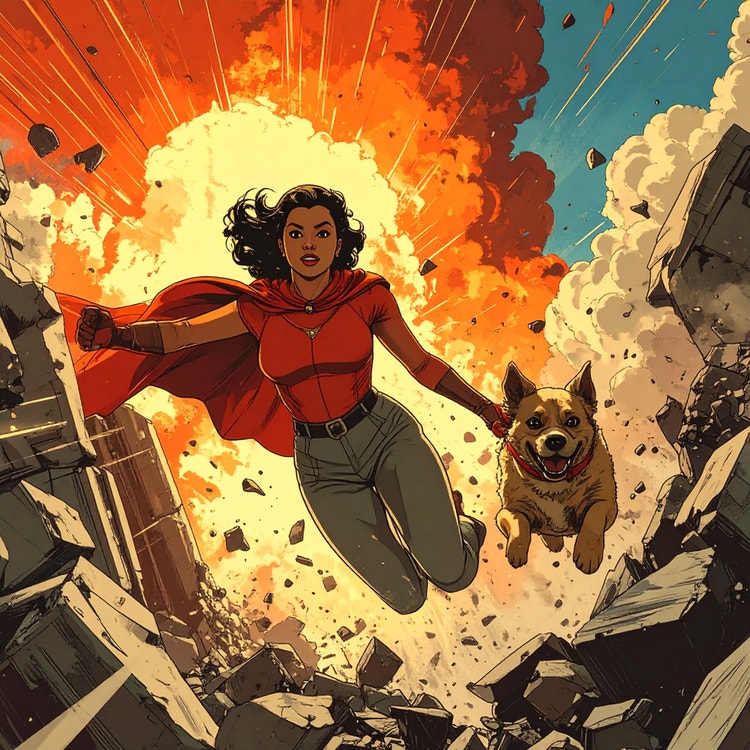 AI-generated na super-hero style illustration ng babaeng tumatalon palapit sa isang aso habang may sumasabog sa likod nila, na may mga debris na lumilipad sa dramatic na action scene.
