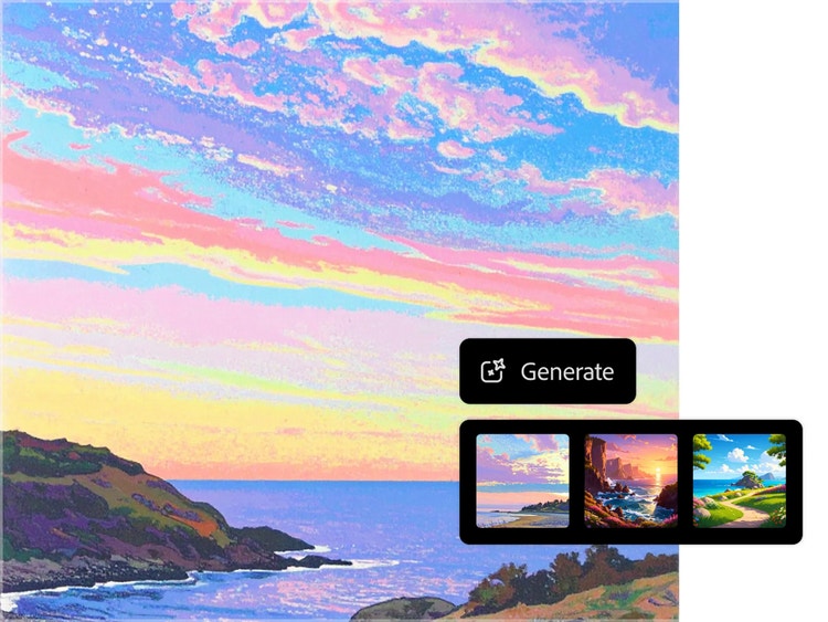 Apat na variation ng makukulay na seascape painting na may overlay ng iba't ibang art style na na-generate ng AI art generator