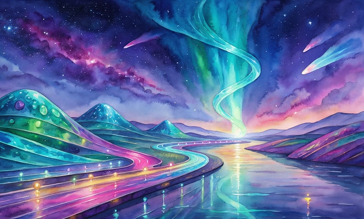 Isang surreal landscape na may northern lights na umiikot sa ibabaw ng mountain roadways at tubig, na may overlay ng prompt na ginamit para makagawa ng larawan.