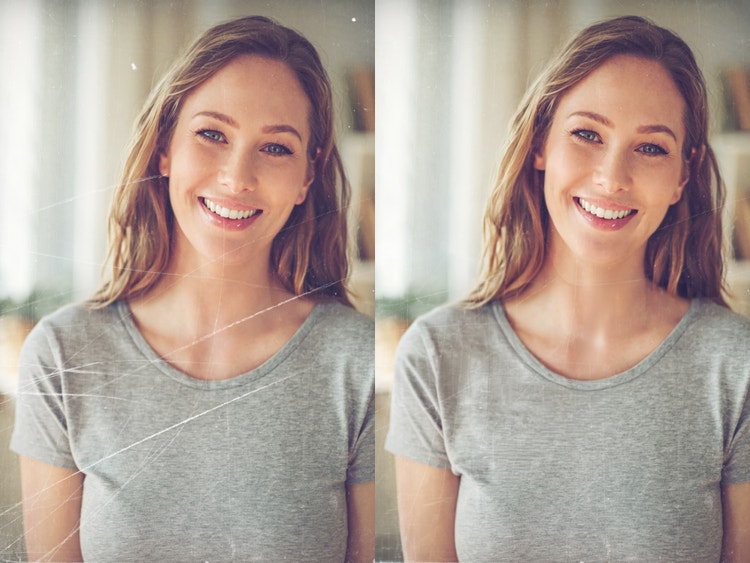 Before at after na image na nagpapakita kung paano nag-aalis ang Firefly ng mga lamat at gasgas mula sa isang lumang portrait ng babae.