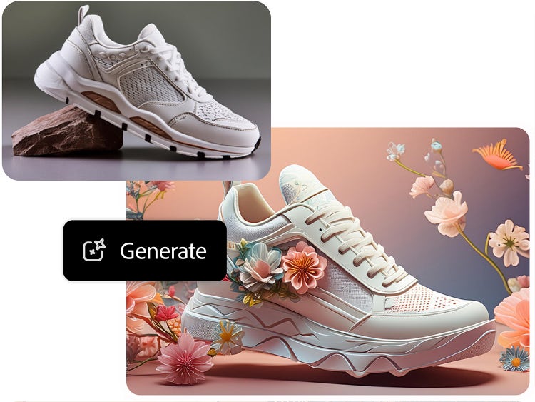 Image-to-image AI na ginagawang lumulutang na sneaker sa pink gradient background na may floral props ang isang basic na larawan ng produkto ng puting sneaker.
