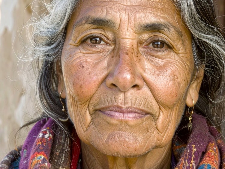 Isang realistic na close-up na image ng isang matandang babaeng may puting buhok at mga kulubot na ginawa gamit ang Firefly AI face generator.