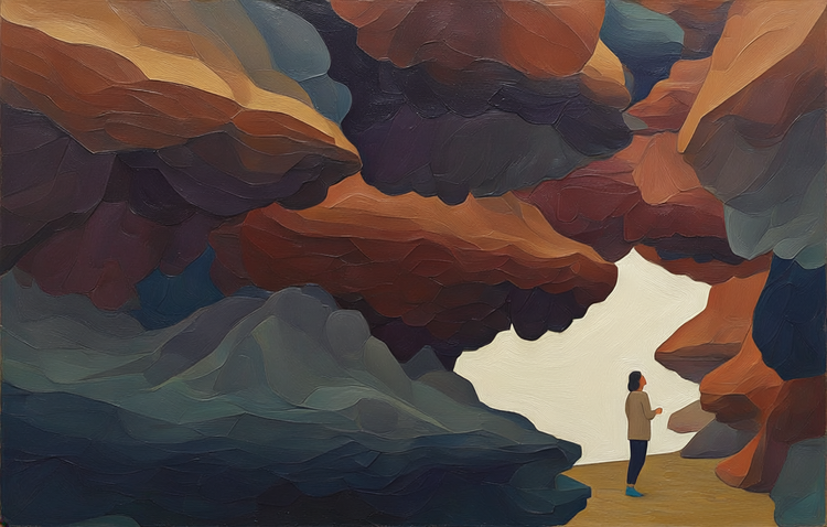 AI-generated geometric illustration ng babaeng nakatayo sa canyon na gawa sa malalaki, umaagos, at makulay na mga hugis.