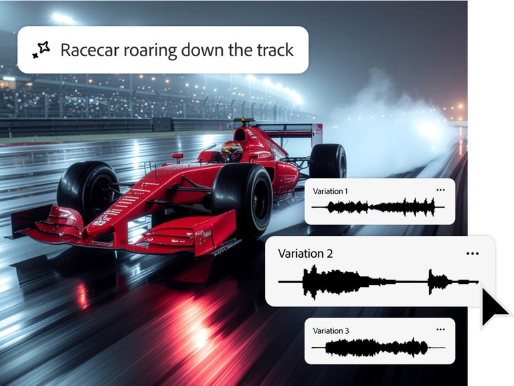 Larawan ng pulang race car na may mga overlay ng audio waveform na nagpapahiwatig ng paggamit ng sound effect generator para i-sync ang audio ng motor.