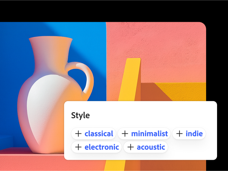 Puting ceramic vase na may kurbadang hawakan na nakalagay sa geometric na background na kulay asul, pink, at dilaw, na may 'Style' menu na nag-aalok ng mga opsyon sa classical, minimalist, indie, electronic, at acoustic na musika.