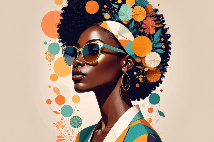 Artistic portrait na nagpapakita ng profile ng isang tao na may mga naka-layer na geometric at floral design element.