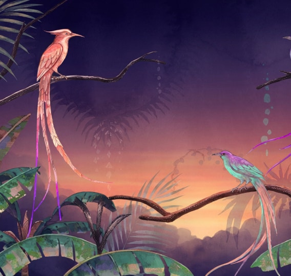 Mga exotic na parrot sa mayamang, makulay na tropical jungle sa takipsilim.