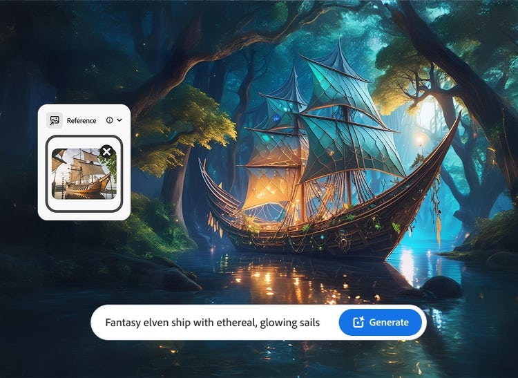 Interface ng image-to-image AI na nagpapakita ng reference photo ng classic na barkong naglalayag, text prompt, at ang resulta ng AI-generated na fantasy elven ship.