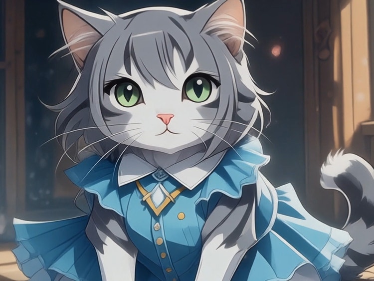 https://main--cc--adobecom.aem.page/cc-shared/assets/firefly/video/ai-character-generator/media_12d7781caed76c35c359000283f0a219db3c69e3c.mp4#_autoplay&mute=true | Isang illustration ng gray na pusang may suot na frilly, blue dress na mula sa simpleng look ay nagkakaroon ng dramatic anime style gamit ang mga prompt at style setting.