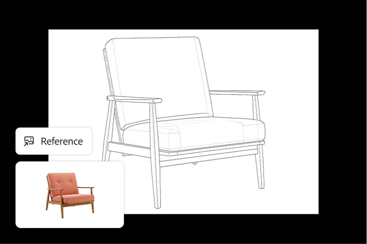 Isang line drawing ng upuang mid-century style na ginawa mula sa isang Reference Image.