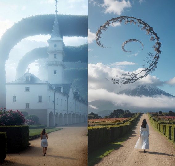 Side-by-side images ng babaeng naglalakad sa ilalim ng mataas na arched hedge papunta sa puting gusali na may matataas na steeple at babaeng naglalakad sa dirt road na may hedges sa magkabilang gilid.