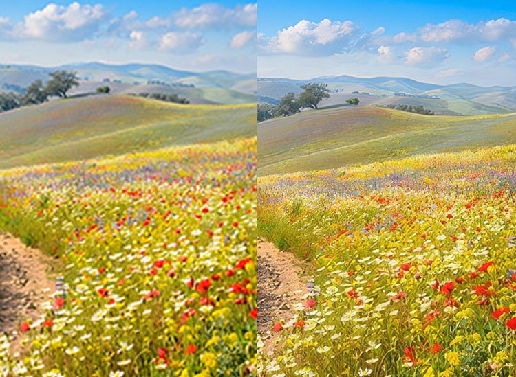 Ipinapakita nang magkatabi ang dalawang image ng bukid na puno ng mga bulaklak. Mas detalyado ang larawan sa kanan dahil sa pag-upscale.