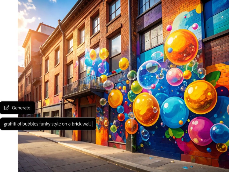 AI-generated na graffiti ng makukulay na bula sa funky art style sa brick building na may text prompt overlay sa AI graffiti generator