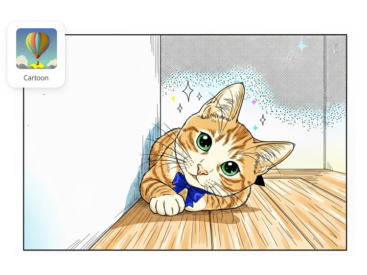 Isang portrait ng pusang nakasuot ng bow tie na nilagyan ng Cartoon style gamit ang Firefly AI pet portrait generator.