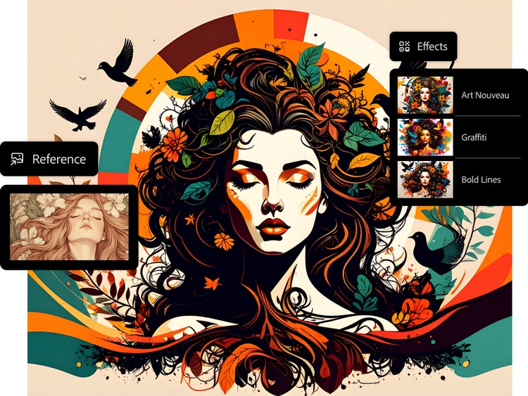 AI-generated na image na nagpapakita ng graffiti-style na portrait ng babae kasama ang reference photo, panel ng mga styling option, at Generate button sa AI graffiti generator