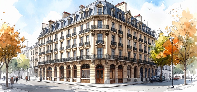 Isang architectural sketch ng isang corner building na may mga classical feature, na na-generate gamit ang Firefly AI.