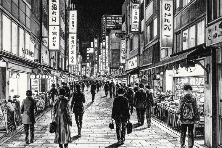 Isang black-and-white na drawing ng isang masigla na Japanese pedestrian street sa shopping district.