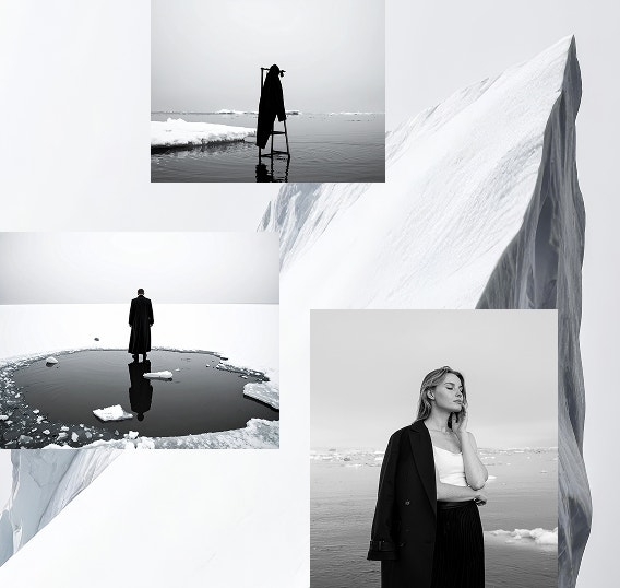 Collage ng mga black-and-white na image ng babaeng mukhang nag-iisip sa snowy landscape.