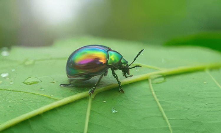 Gumagapang ang iridescent beetle sa berdeng dahong may mga patak ng hamog.