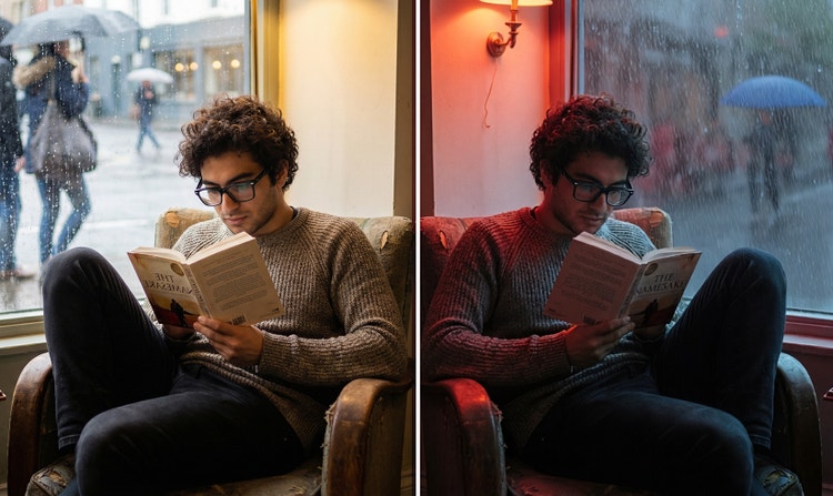 Split image ng lalaking nagbabasa ng libro sa cafe. May mainit na central lighting ang kaliwang image, at may dramatic na pula at asul na lighting ang kanan.