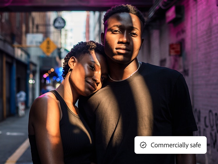 AI-generated na couple na nakatayo nang magkasama sa high-contrast lighting na may city street sa likuran nila at may tag na "Commercially safe."