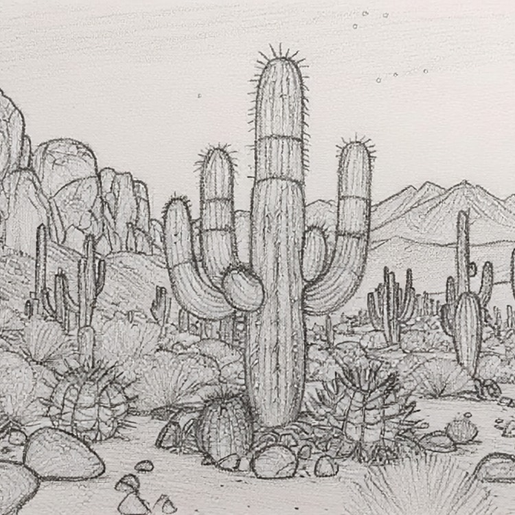 AI-generated na pencil drawing ng dreamlike na desert scene na may iba’t ibang cacti.