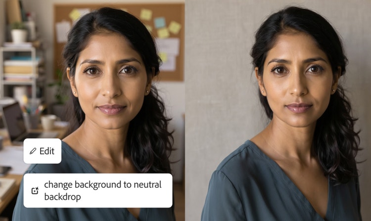 Isang portrait ng babae na nakatayo sa harap ng office setting na na-edit para palitan ng plain, gray na background.