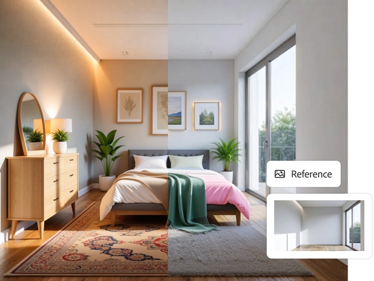 Isang split image ng bedroom, na may natural tones ang kalahati at berde at pink naman ang kalahati. May overlay na nagpapakita ng image ng bakanteng kuwartong ginamit para gumawa ng AI design.