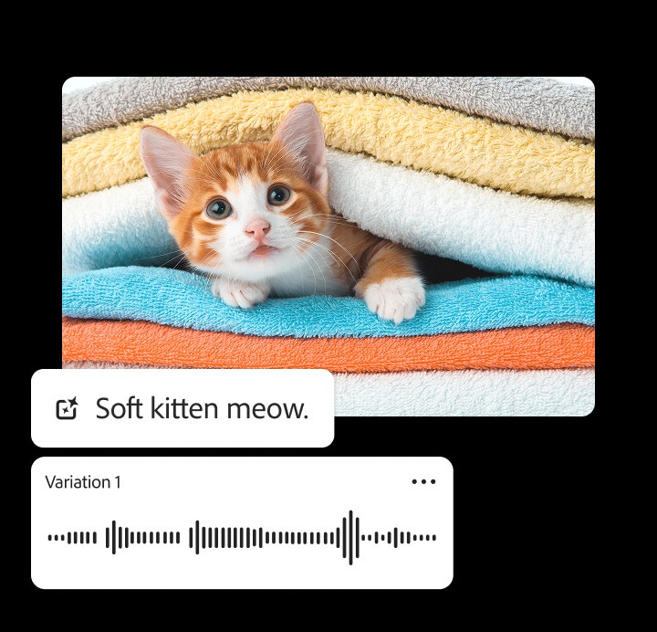 Isang makulit na orange na kuting na nakatago sa tumpok ng mga tuwalya kasama ang AI sound generator prompt field na nagpapakita ng mga salitang "soft kitten meow," na nagde-demonstrate kung paano gumawa ng realistic na cat meow sound effects sa Firefly.