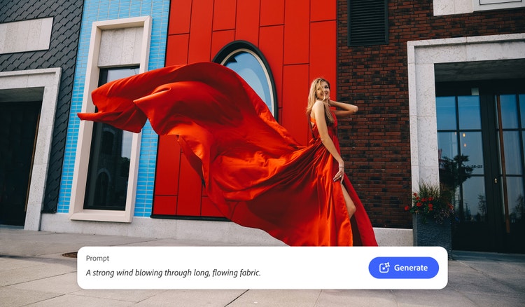 Isang babae sa bangketa na nakasuot ng hinahanging pulang bestida na may Firefly AI sound generator UI na nagpapakita ng text prompt para sa malakas na hanging humihihip at nagbibigay ng sound effect sa gumagalaw na tela.