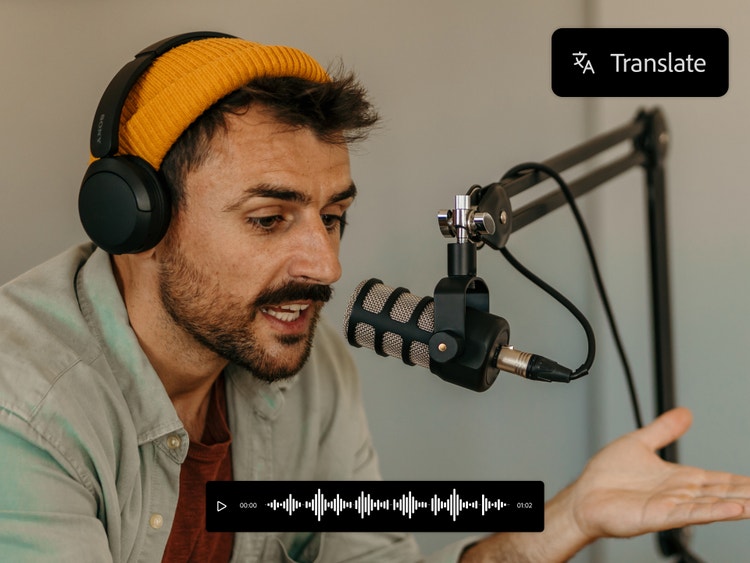 Lalaking may headphones at mikropono na may overlay ng audio bar ng mga AI na tool sa pagsasalin.