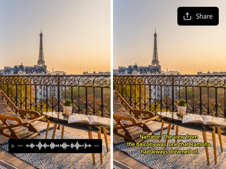 Magkakatabing image na nakatanaw mula sa balkonahe sa Paris, kung saan nagpapakita ng overlay ng audio bar ng AI translator sa isang gilid at may subtitles naman sa English ang kabila.