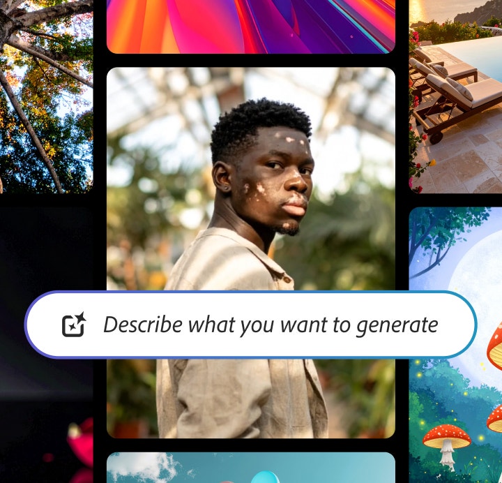 AI generated na collage ng diverse na visual style, kabilang na ang close-up portrait ng isang lalaki sa labas, punong nakikita mula sa ibaba, eksena sa luxury poolside, product shot ng pulang lipstick, abstract color gradients, at illustrated na fantasy mushrooms, na may text prompt field na nagsasabing "Ilarawan kung ano ang gusto mong i-generate" sa gitna.