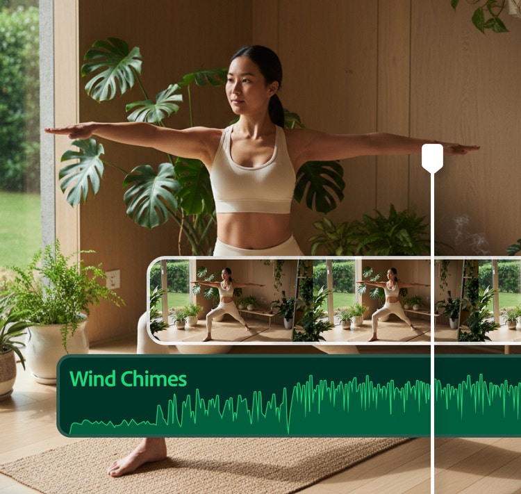 Interface para sa pag-generate ng sound effect gamit ang AI na gumagawa ng audio ng wind chimes para sa yoga o meditation scene, na nagpapakita ng taong naka-yoga pose sa loob ng bahay na napapalibutan ng mga berdeng halaman at natural na ilaw.