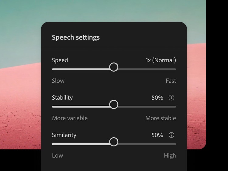 Isang interface ng mga setting na nagtatampok ng Generate Speech tool sa Firefly, na nagha-highlight ng mga setting para sa bilis, stability, at pagkakahawig.