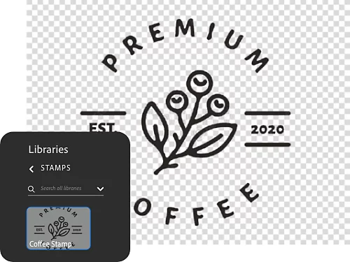 Libraries window na nakapatong sa isang image ng logo na may stamp effect.