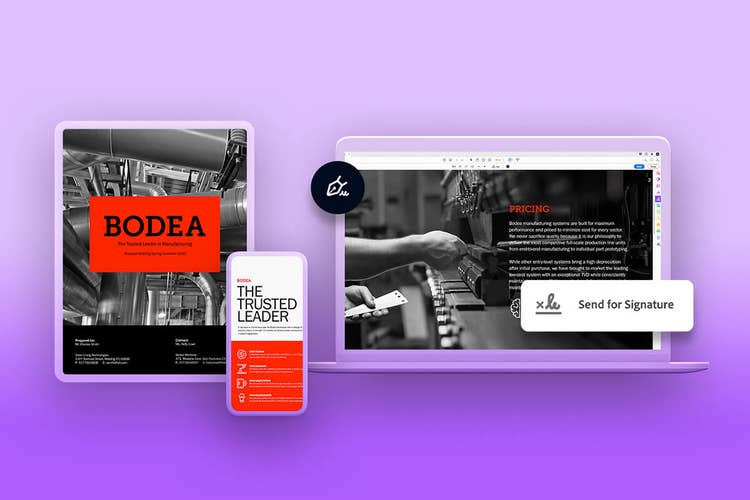 List intencyjny wyświetlany na tablecie, telefonie komórkowym i laptopie w programie Adobe Sign