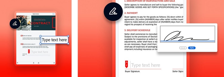 Grafika przedstawiająca umowę dla firm na ekranie tabletu obok grafiki ilustrującej podpisywanie umowy dla firm na urządzeniu mobilnym za pomocą programu Adobe Sign