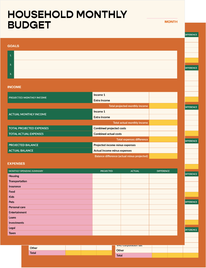 Zrzuty ekranu szablonu miesięcznego budżetu domowego w formacie PDF i arkusza kalkulacyjnego Excel.