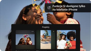 Klatka wideo przedstawiająca dwoje dzieci bawiących się wiatraczkiem oraz nakładka interfejsu projektów pokazująca ten sam obraz obok dwóch innych; funkcje SI tylko na telefonie iPhone
