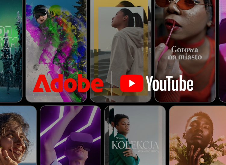 Kadry z YouTube Shorts — kobieta w okularach o czerwonym szkle, snowboardzista, kobieta w zestawie do rzeczywistości wirtualnej i mężczyzna trzymający kwiaty — z nałożonymi logotypami Adobe i YouTube
