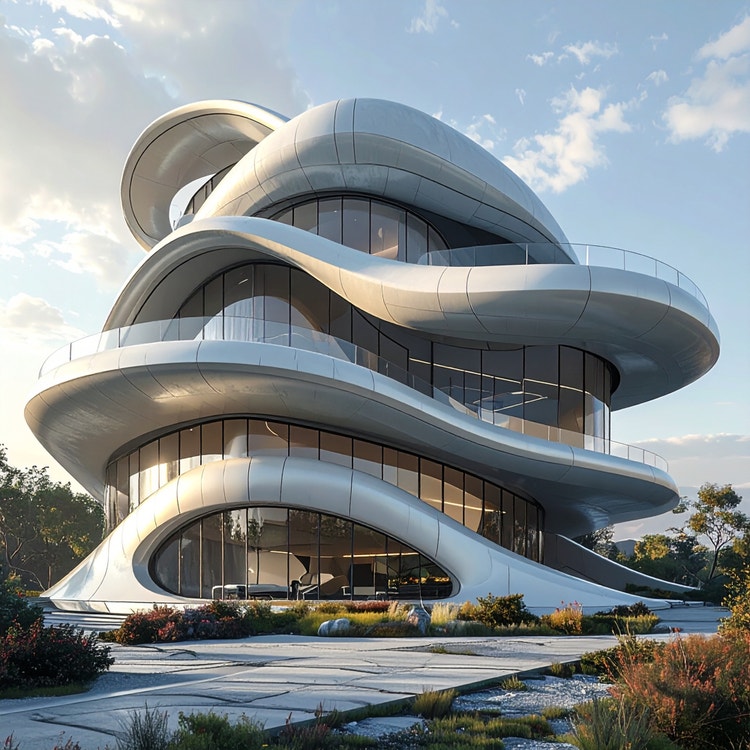 Obraz wygenerowany przez SI przedstawiający futurystyczny, wielopiętrowy budynek z fantazyjną zakrzywioną architekturą, szklanymi ścianami i eleganckim, rzeźbiarskim designem otoczonym zielenią.