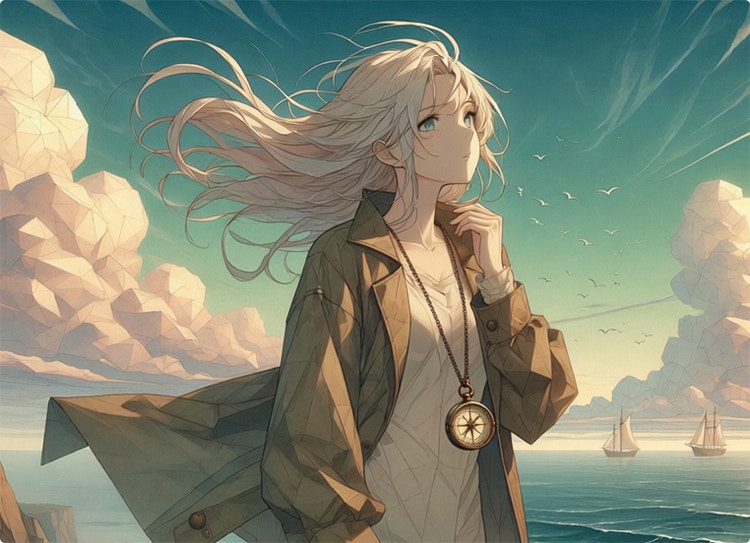 Postać anime w stylu poly z rozwianymi włosami i naszyjnikiem z kompasem spoglądająca na dramatyczne tło oceanu.
